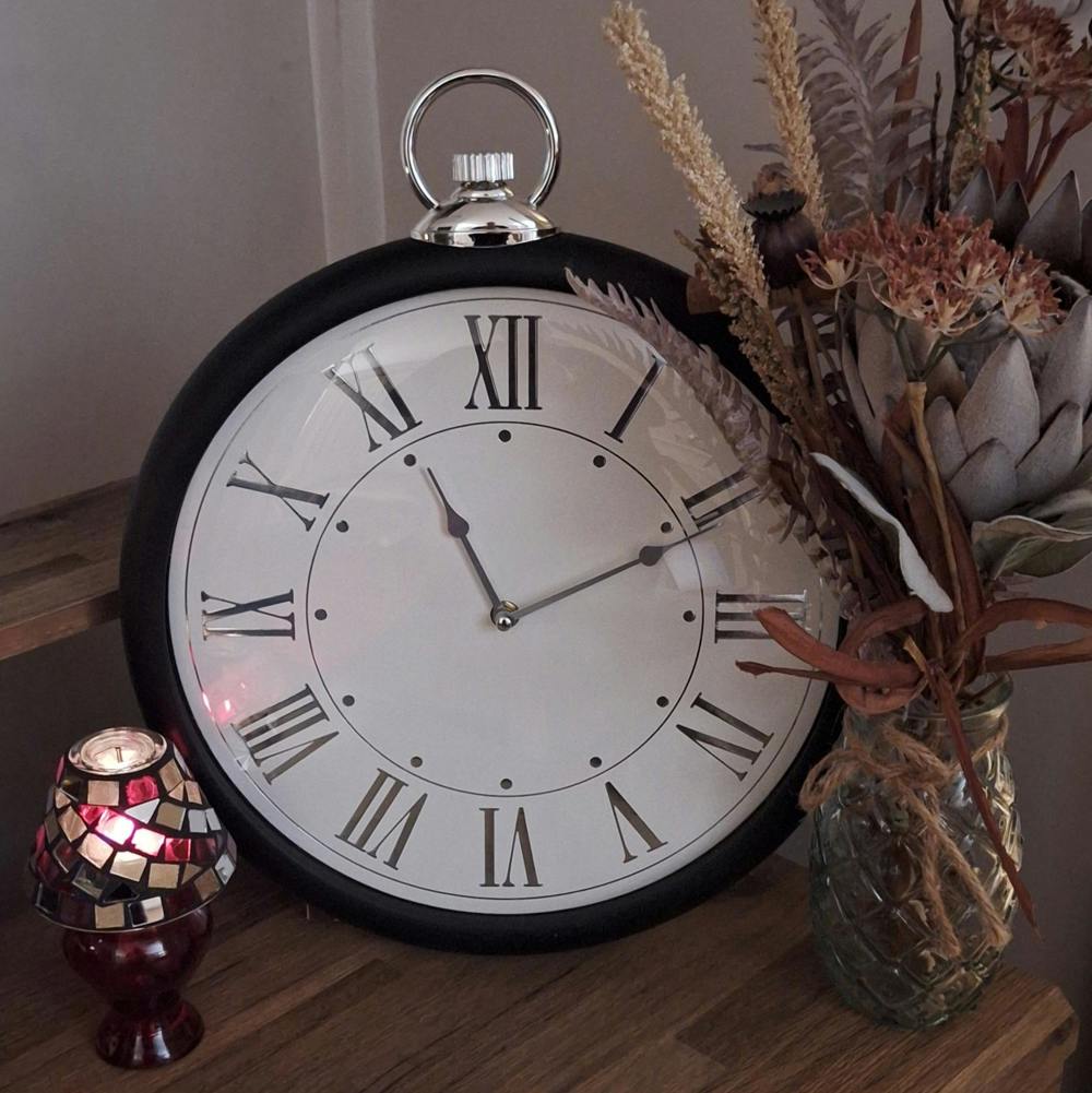 Sil Large 45cm Round Silver Roman Numeral Pocket Watch Wall Clock