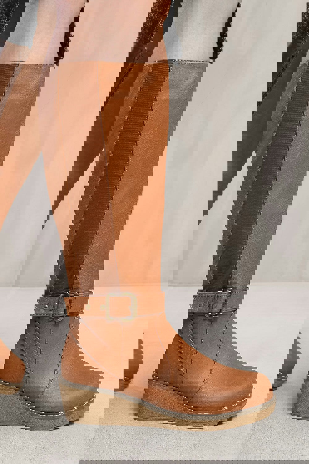 Where's That From Ayleen Wide Calf Wedge Heel Knee High Boots With Elastic Panel in Wide E Fit in Tan Faux Leather