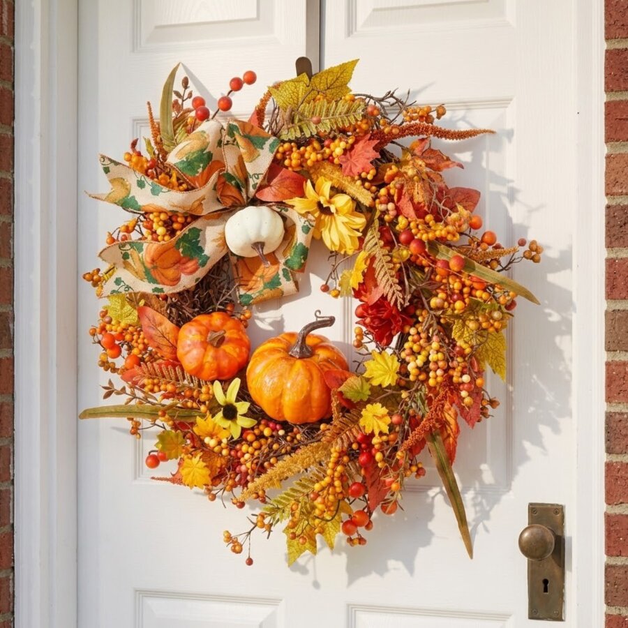 Garden Greatness Halloween Artificial Pumpkin Maple Leaves Wreath
