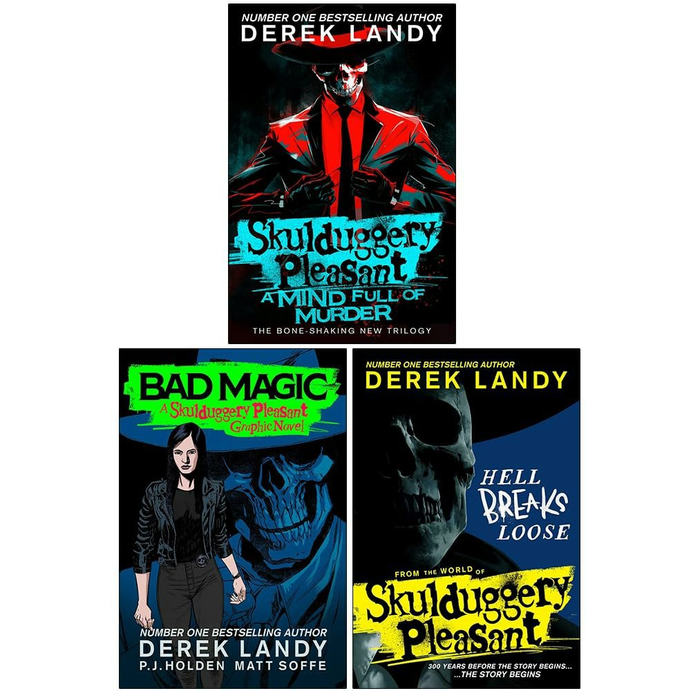 Skulduggery Pleasant Derek Landy 3 Book Set (A Mind Full of Murder, Bad Magic & Hell Breaks Loose)