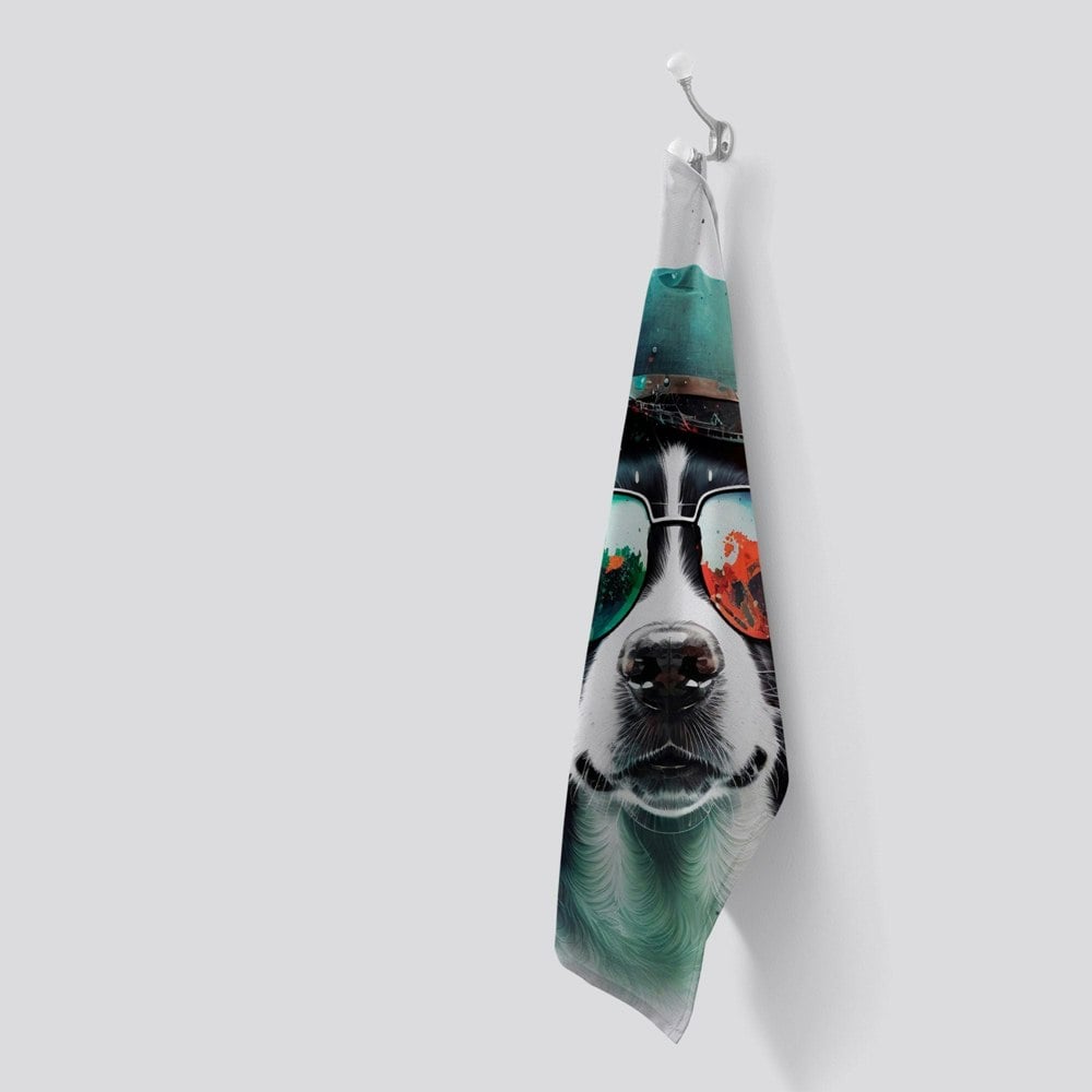 Warren Reed Border Collie Dog Face Glasses And Hat Splashart Tea Towel