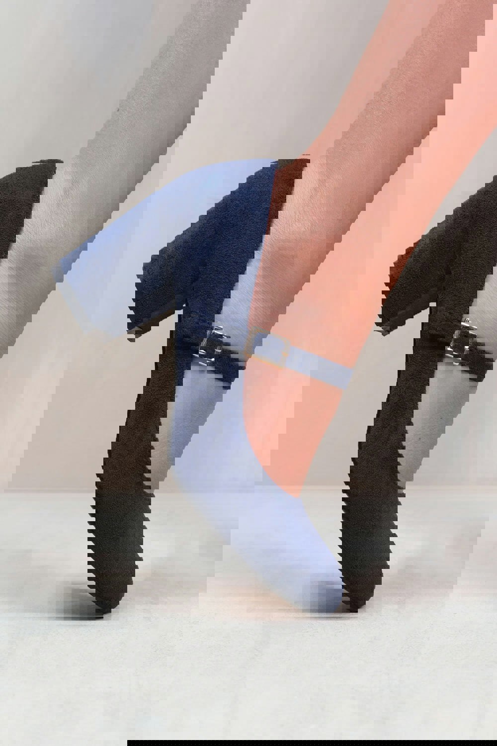 Where's That From Araceli Block Heel Mary Jane Pumps in Navy Blue Faux Suede
