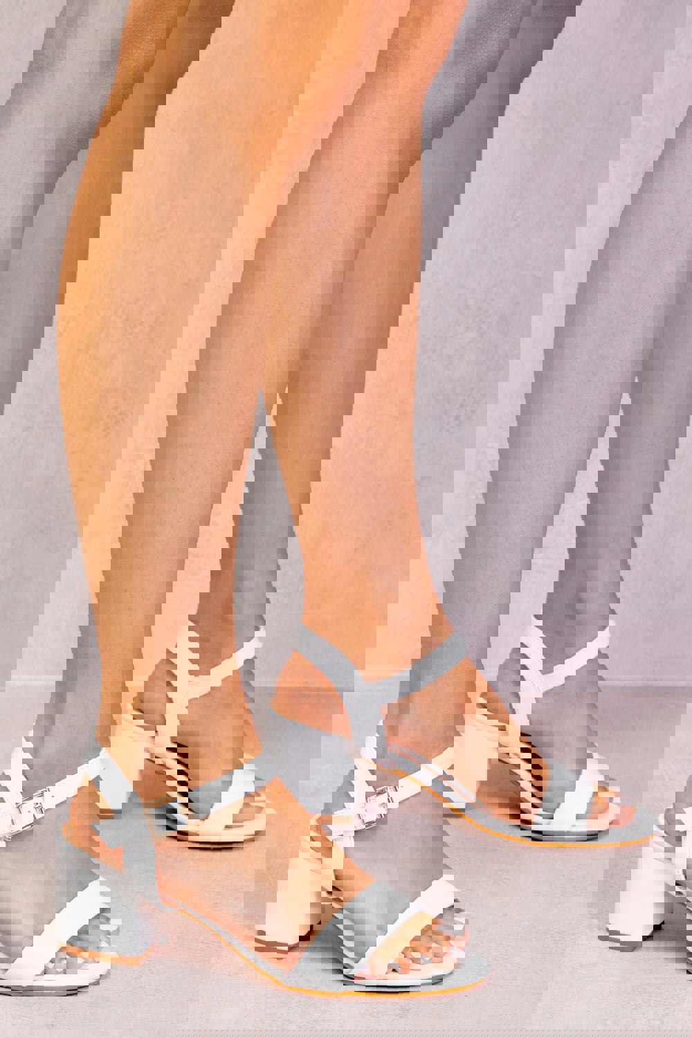 Where's That From Zephyr Strappy Mid High Block Heels Peep Toe in White Faux Leather