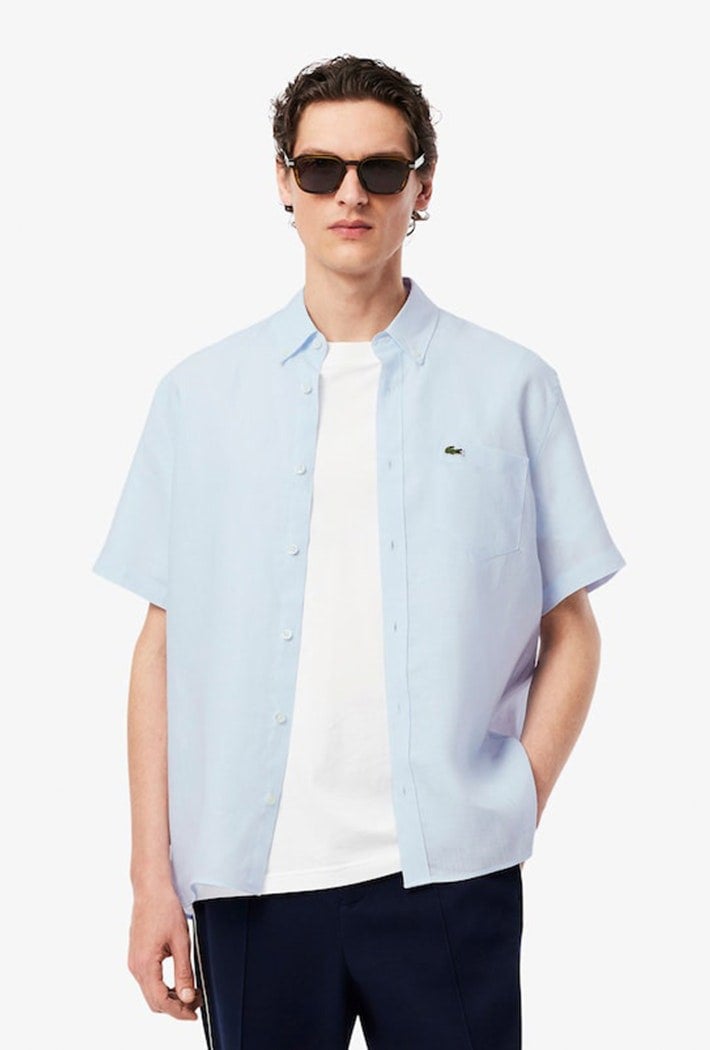 Lacoste Men's Short Sleeved Linen Shirt - Blue