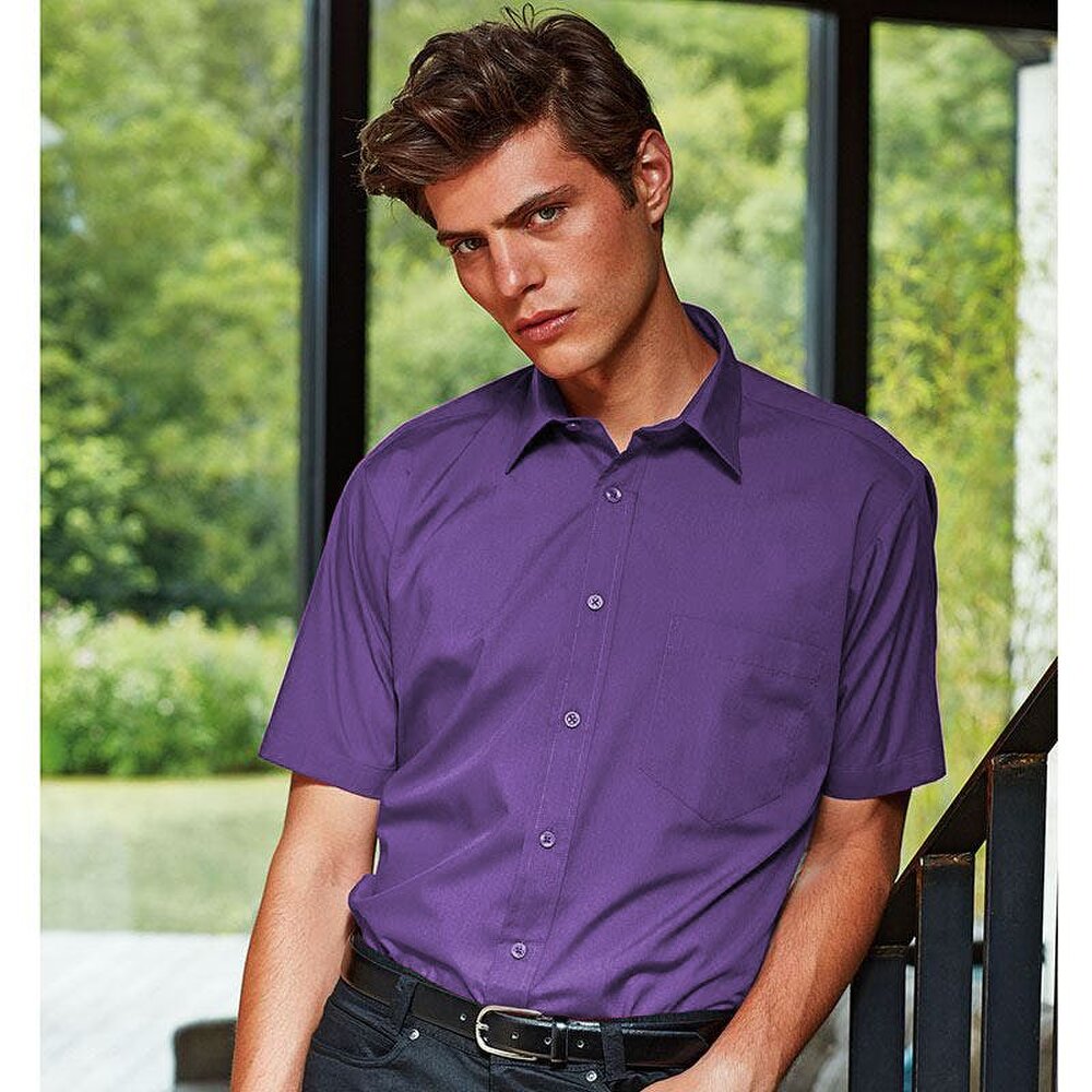 Premier Mens Short Sleeve Formal Poplin Plain Work Shirt - Purple