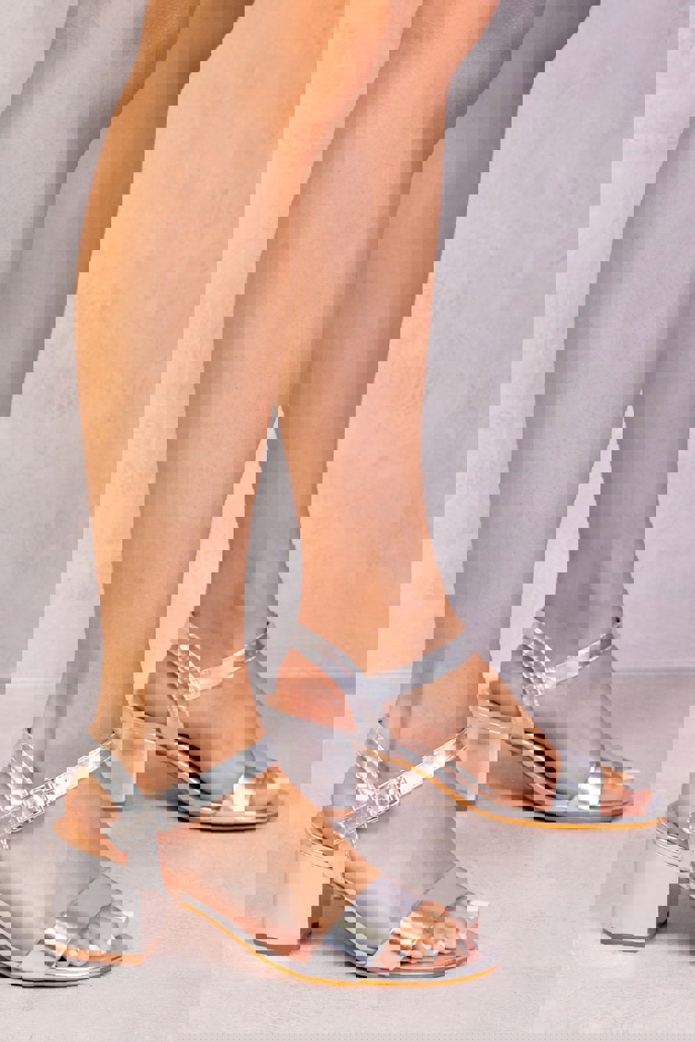 Where's That From Zephyr Strappy Mid High Block Heels Peep Toe in Silver Metallic