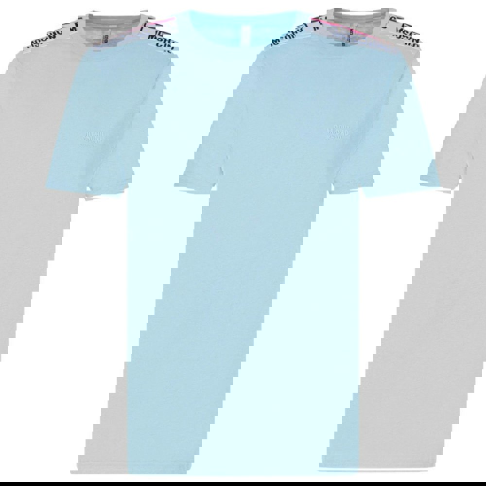 Moschino Branded Taped Shoulder Logo Light Blue T-Shirt L