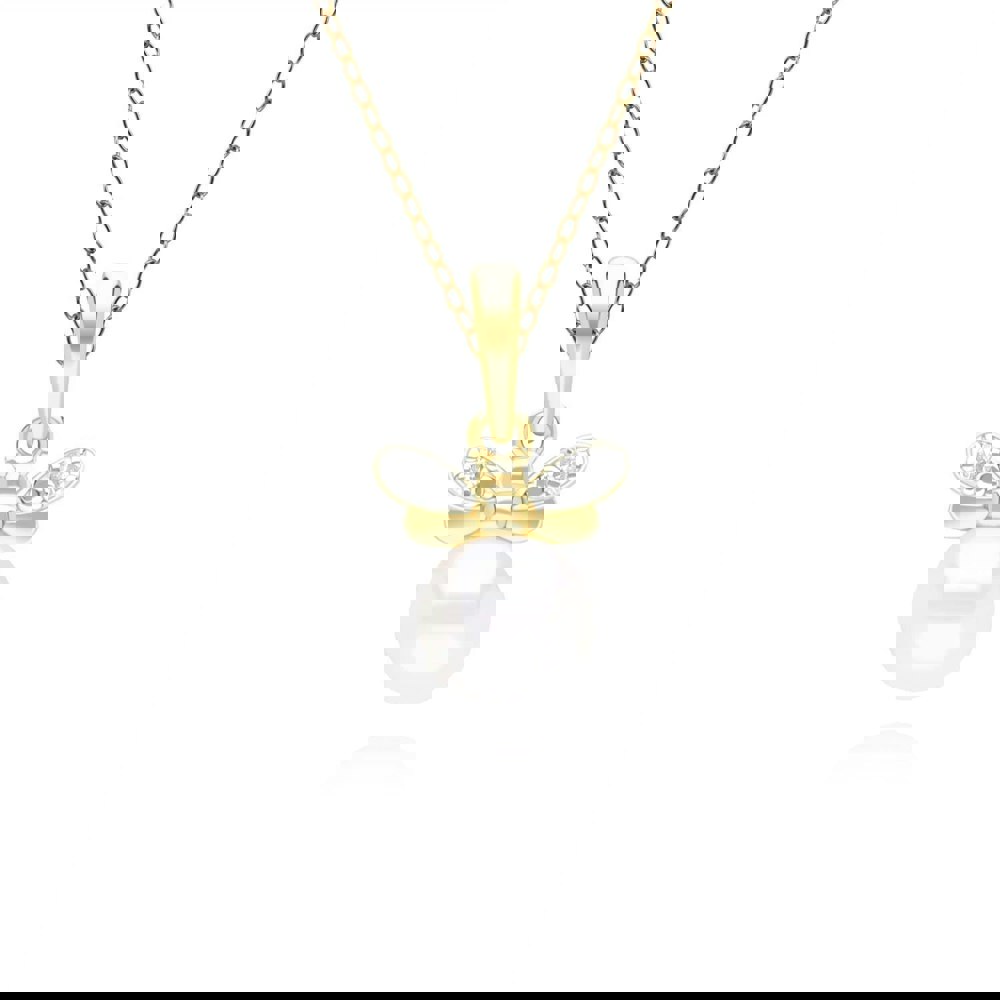 Honeycomb Inspired Pearl and Diamond Bee Pendant Necklace in 9ct Yellow GoldFront  135P2125019