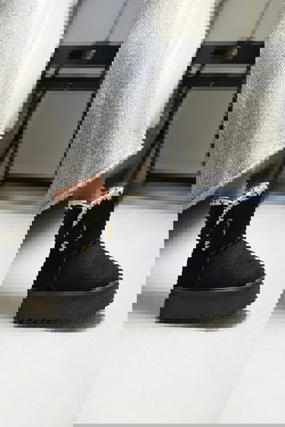 Where's That From Calla Flatform Fur Lining Ankle Boot With Velcro Fastening In Black Suede