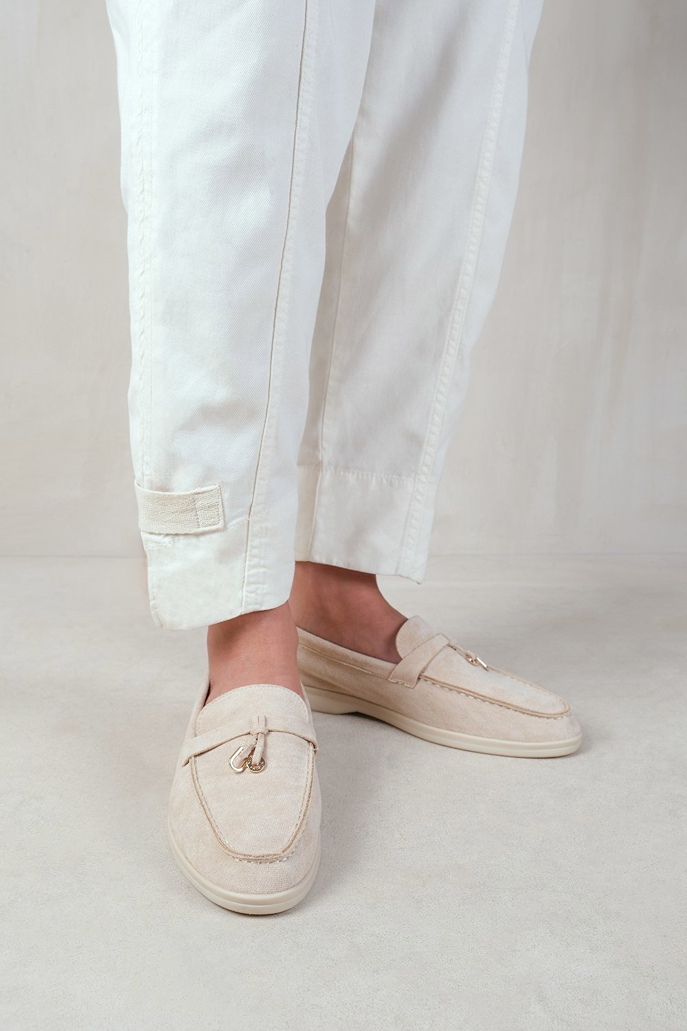 Where's That From Pegasus Slip on Trim Loafers With Accessory Detailing in Beige Suede