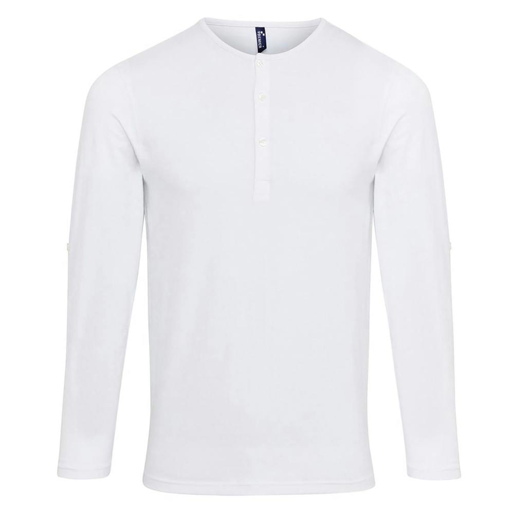 Premier Mens Long John Roll Sleeve Tee - White - White - 82% Polyester/14% Viscose/4% Elastane