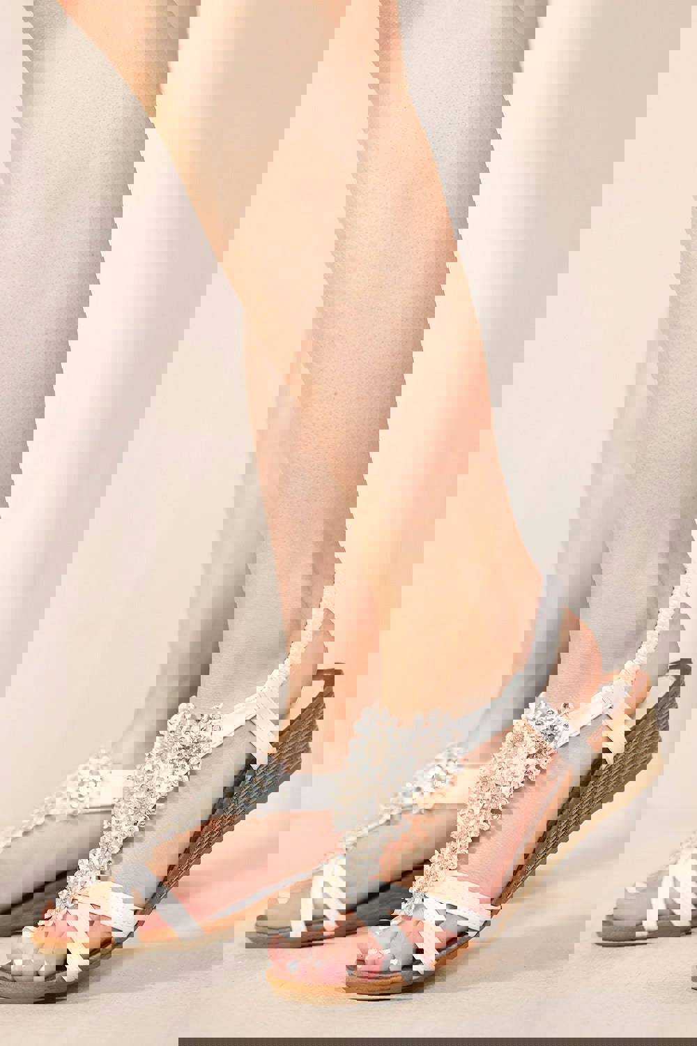 Where's That From Cevedo Low Wedge Heel Sandals With Diamante Flowers Detail in White Faux Leather