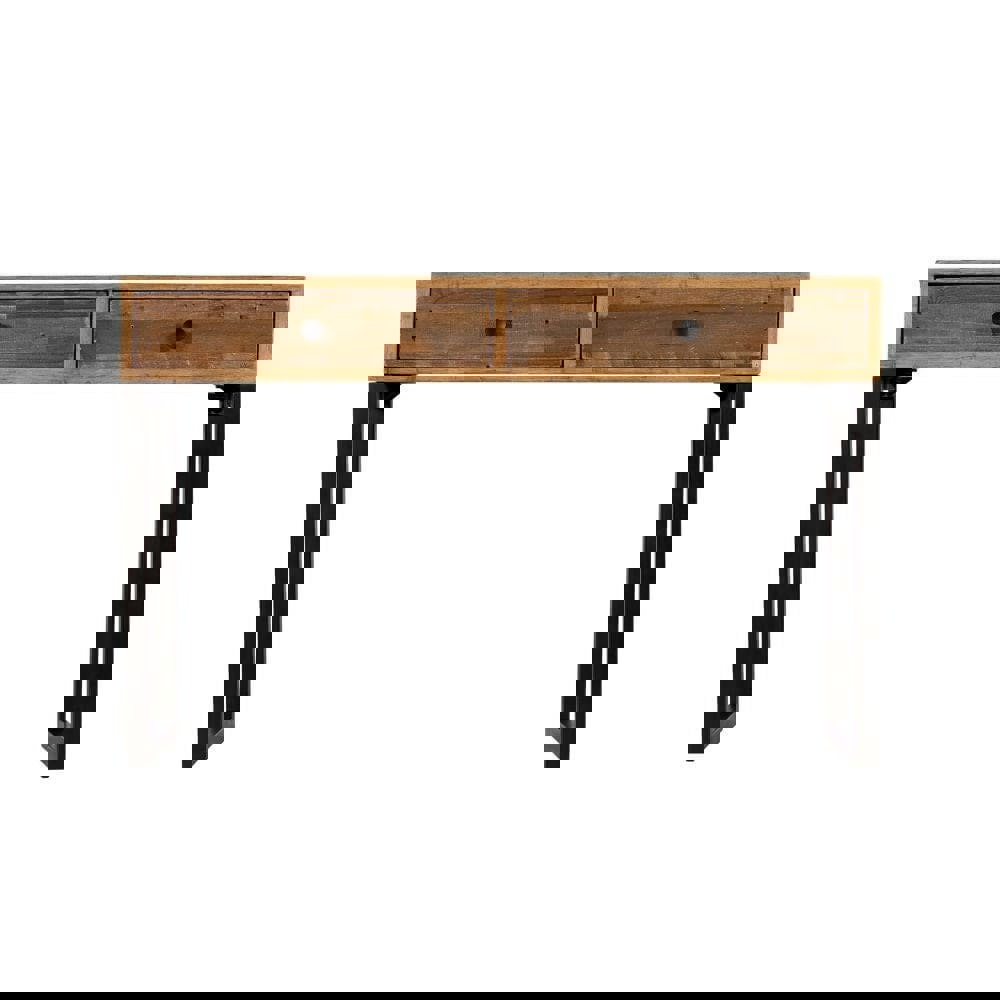reclaimed console table with two drawers and metal legs