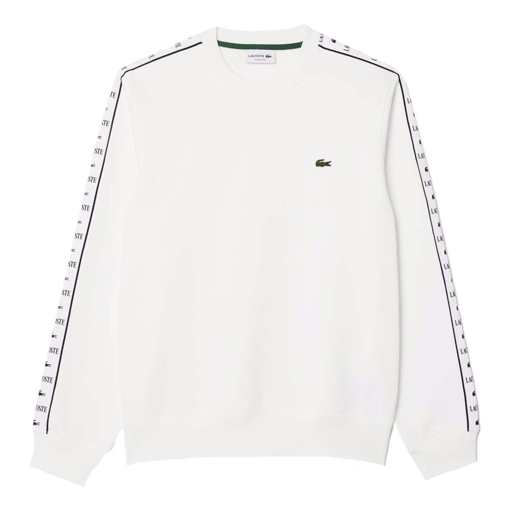 Lacoste Mens Logo Strip Crew Neck Sweatshirt - White