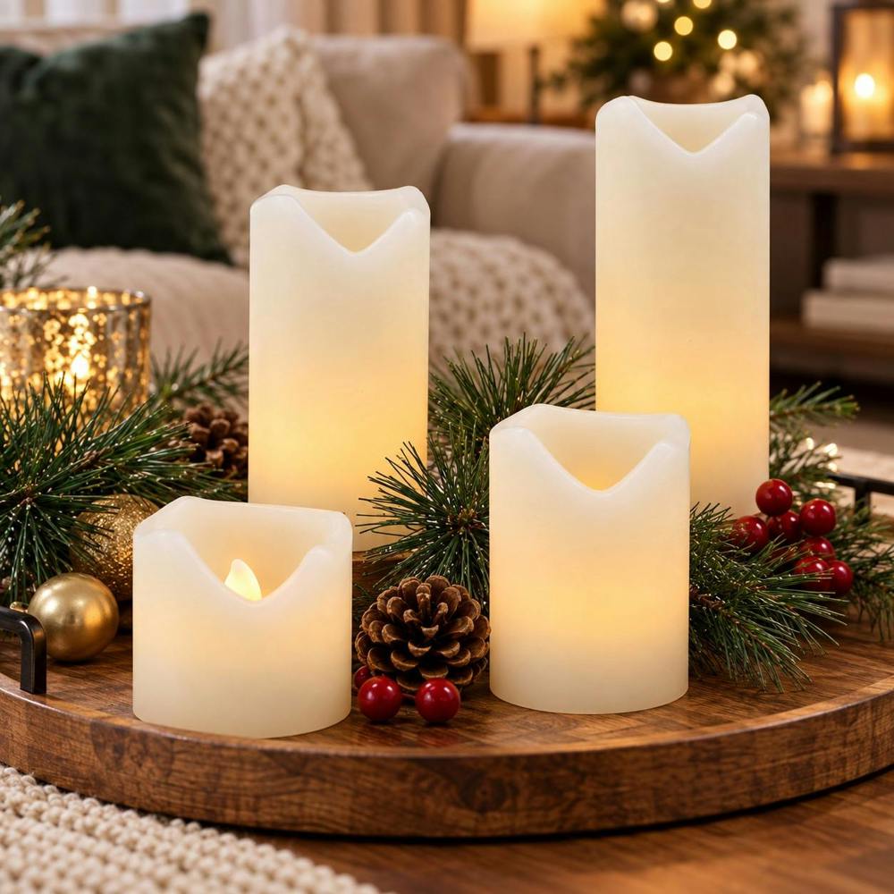 Dyzi Set of 4 Flameless LED Real Wax Flickering Candles Cream