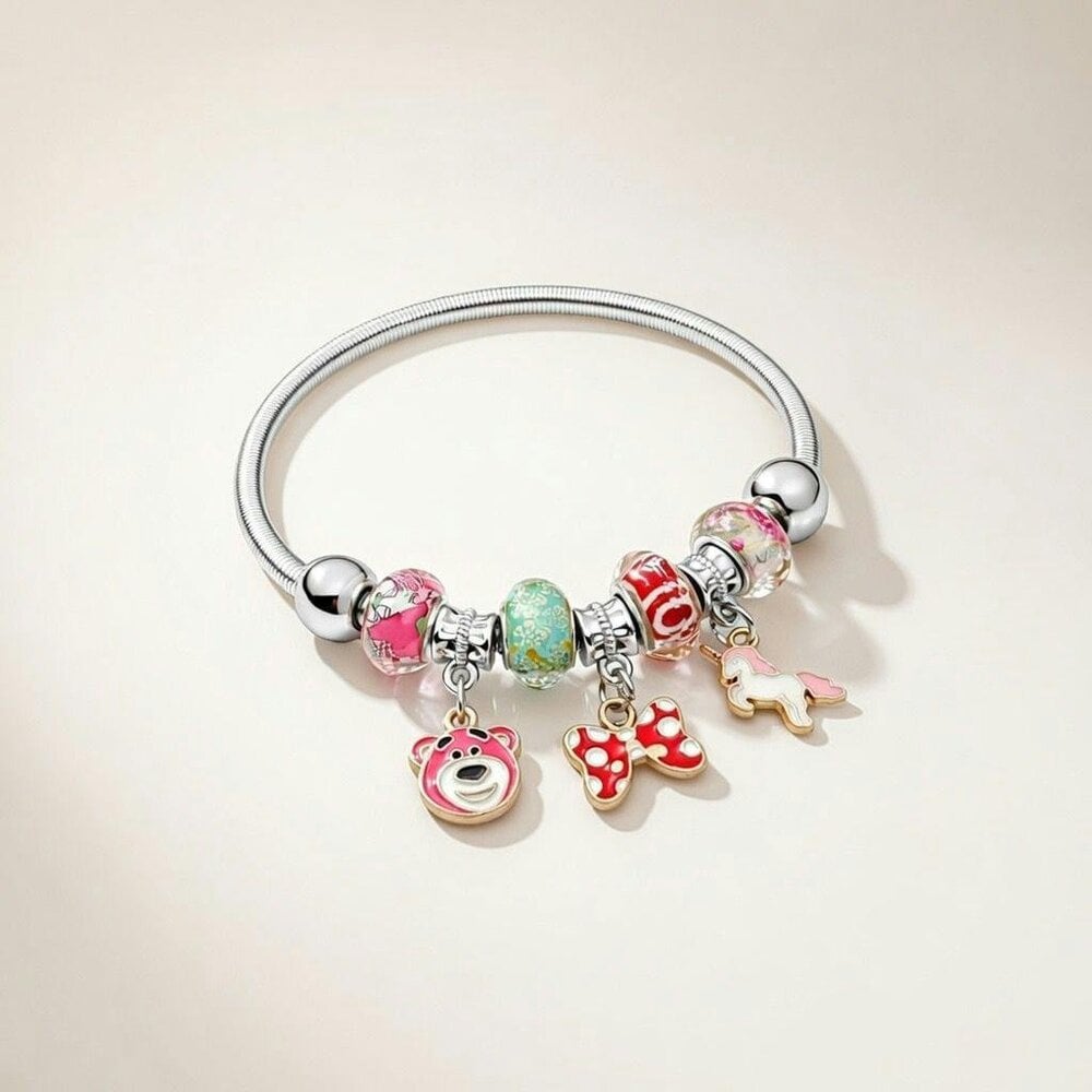 The Colourful Aura Unicorn Charm Dangle Silver Enamel Bangle Bracelet