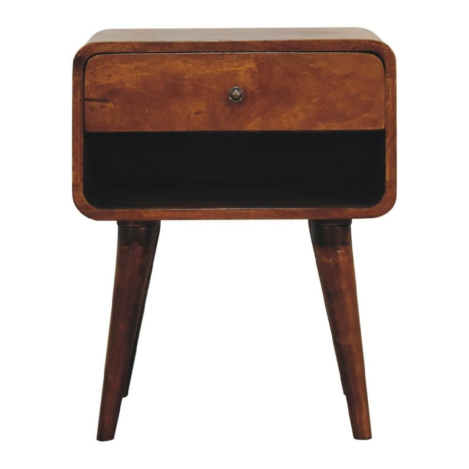 Wyld Haus Honfleur Curve Open Slot Chestnut Mango Wood Bedside Table Drawer and Shelf