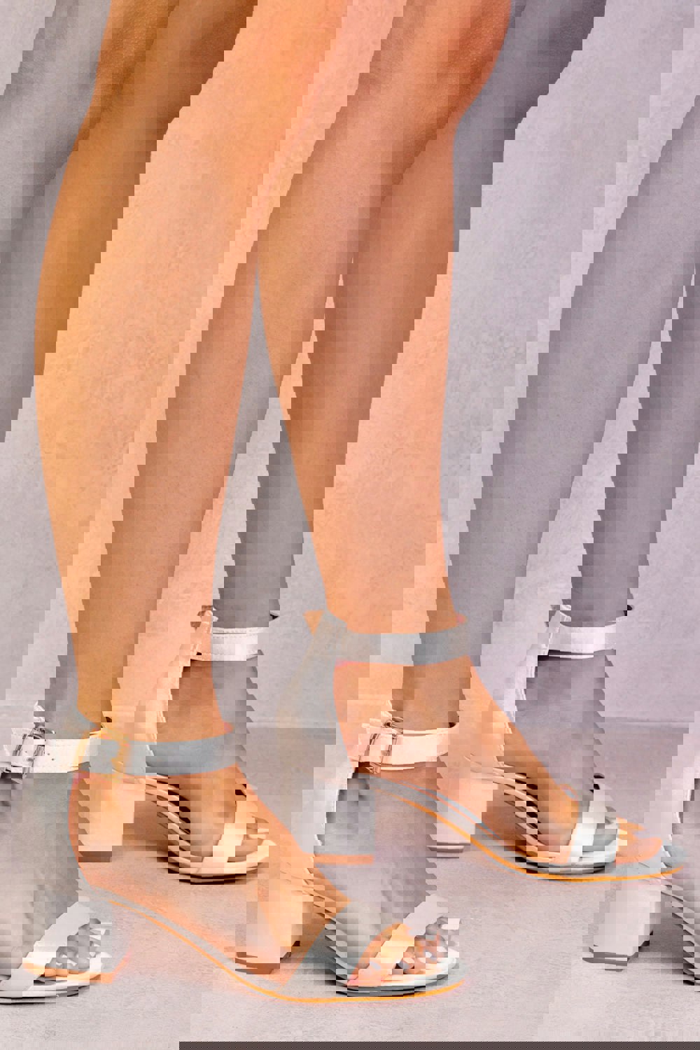 Where's That From Emani Strappy Mid High Block Heels Peep Toe in Off White Silk