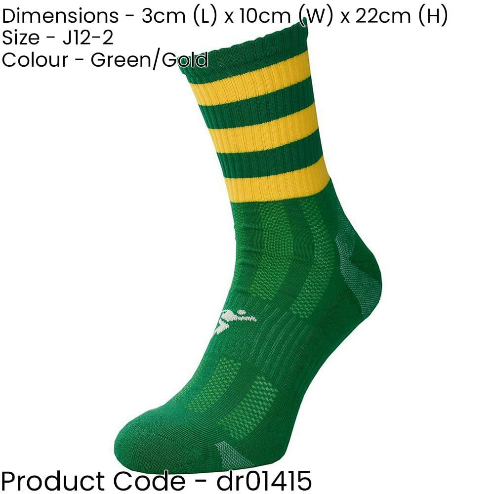 JUNIOR Size 12-2 Hooped Stripe Football Crew Socks GREEN/GOLD Training Ankle