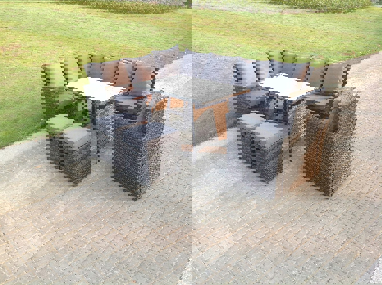 Fimous High Back Dark Mixed Grey Rattan Corner Sofa Set Outdoor Furniture Rectangular Dining Table 2 Small Footstools Chair 9 Seater