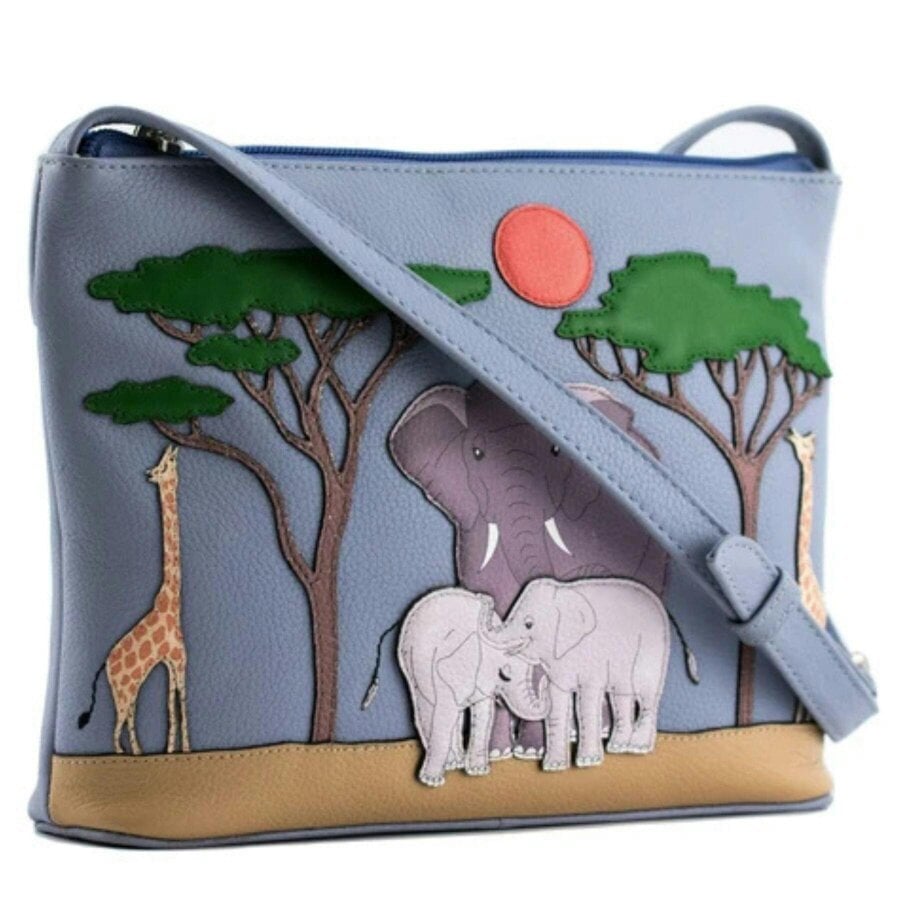 Mala Leather Leather Crossbody Bag with Elephant & Giraffe Safari Appliqué - Blue