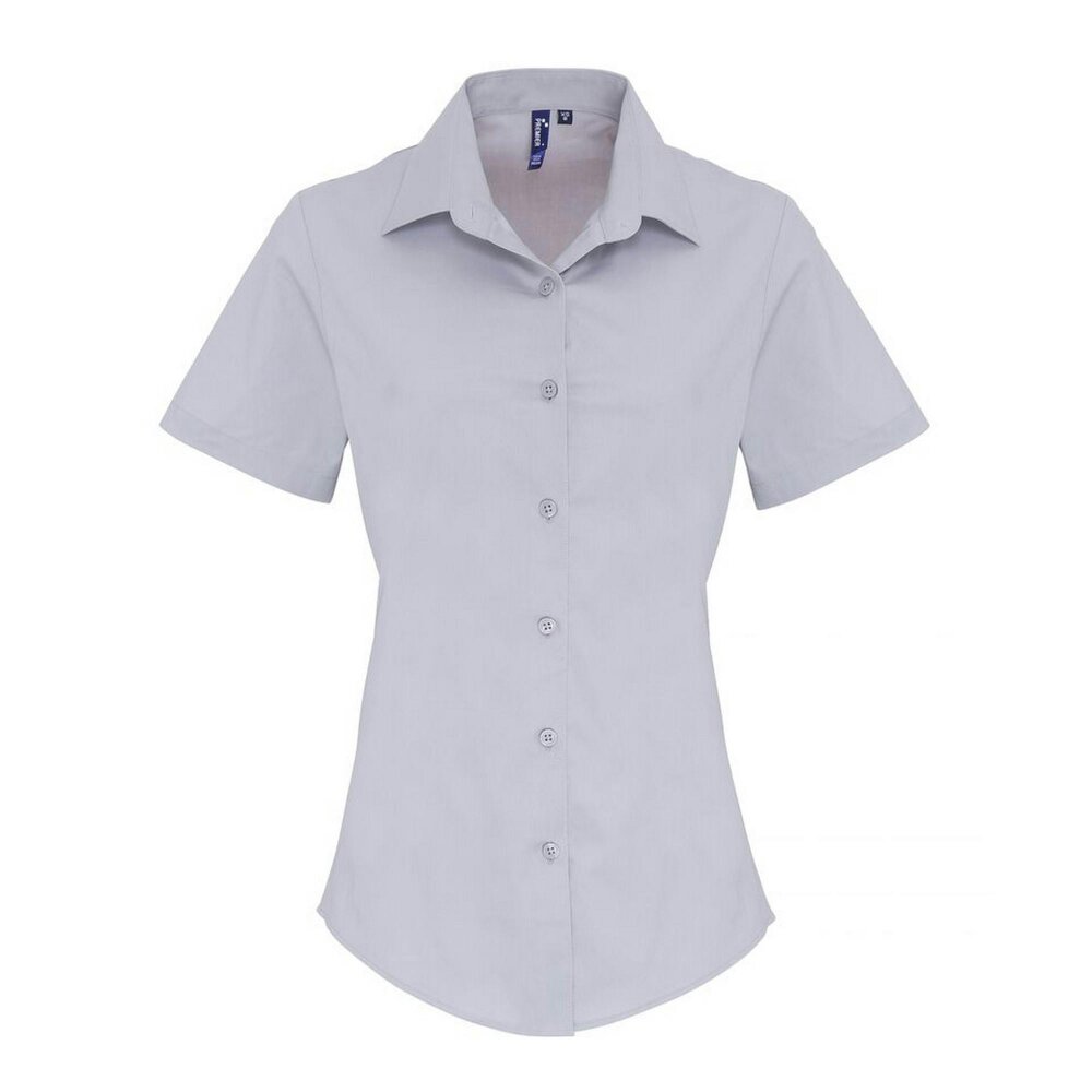 Premier Womens/Ladies Stretch Fit Poplin Short Sleeve Blouse - Silver - Silver - 97% Cotton/3% Elastane