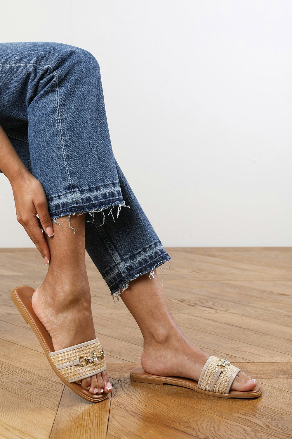 Where's That From Callie Nude Flat Sandals With Pearl And Gold Chain Embellishment