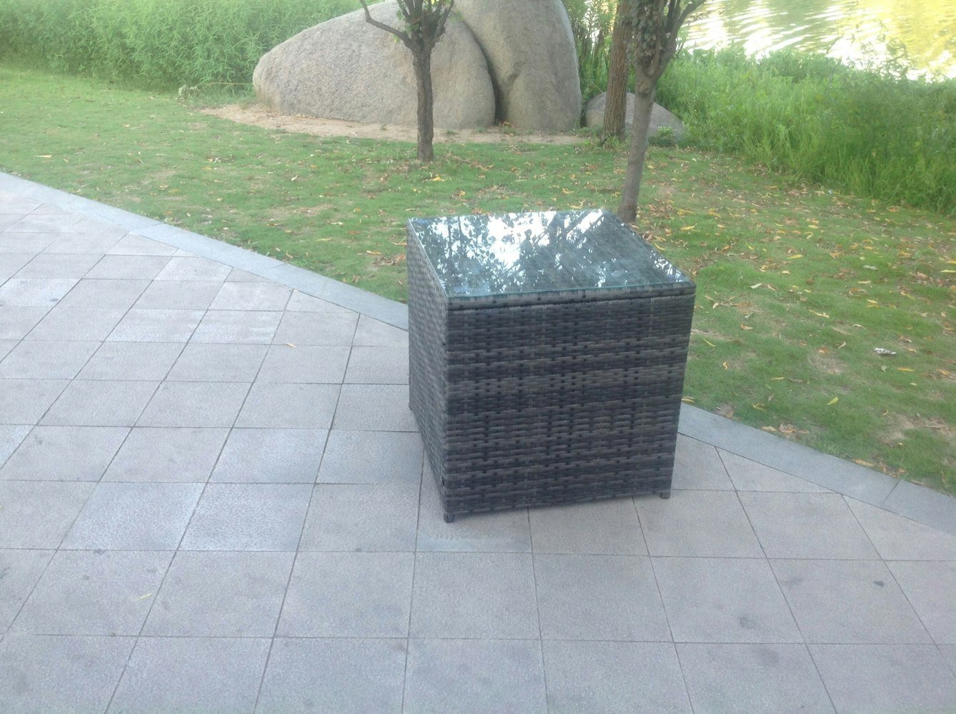 Fimous Grey Rattan Cube Side Table Tea Coffee Table Outdoor Garden Furniture Accessory