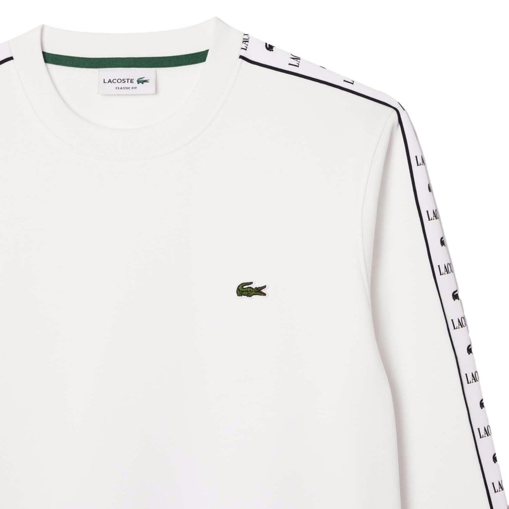 Lacoste Mens Logo Strip Crew Neck Sweatshirt - White