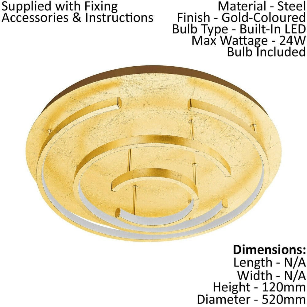 Flush Ceiling Light Colour Gold Coloured Shade White Plastic Bulb LED 24W Loops