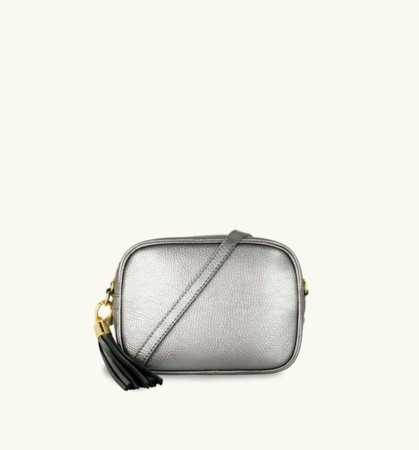 Apatchy Pewter Leather Crossbody Bag With Grey Leopard Strap