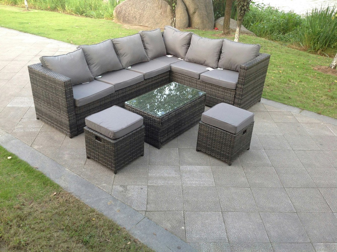 Fimous 8 Seater Rattan Corner Sofa Lounge Sofa Set With Rectangular Coffee Table 2 Stool And Chair Right Hand