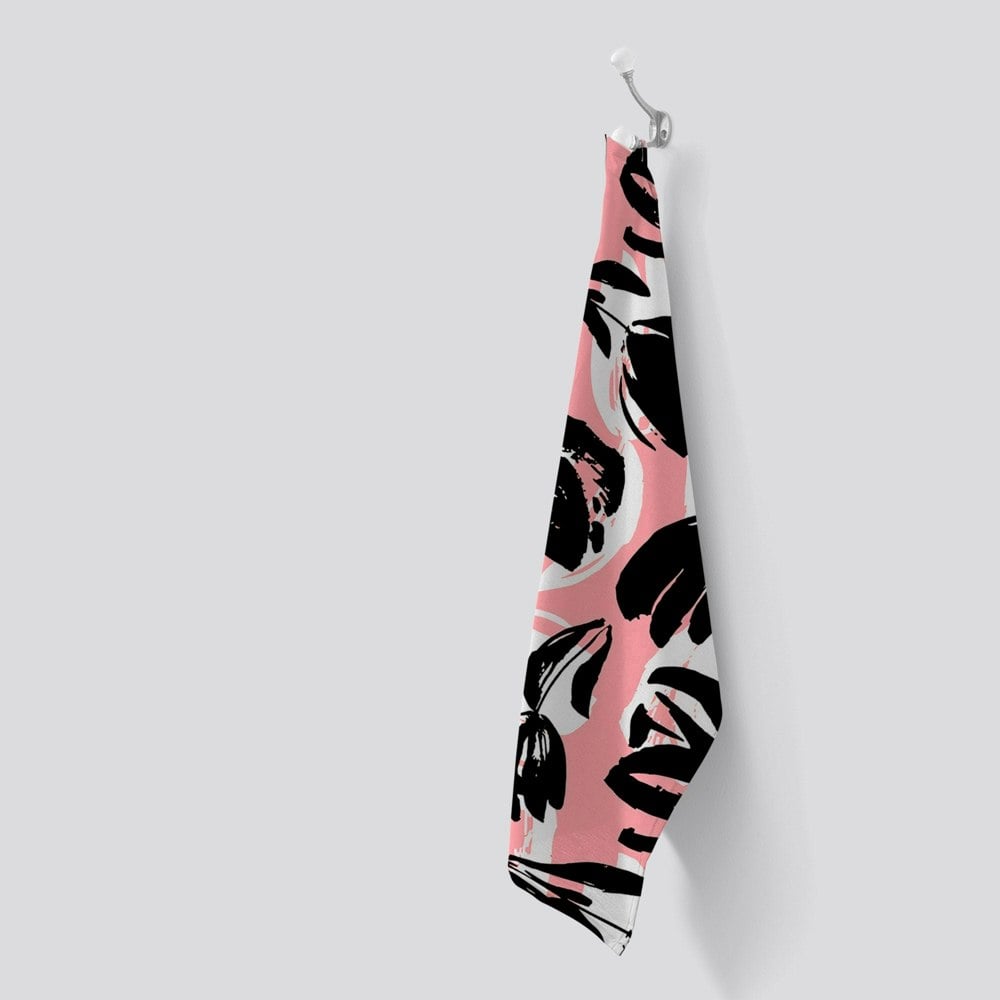 Warren Reed Nature Flat Spring Flower Motif In Pink And Black Color Tea Towel