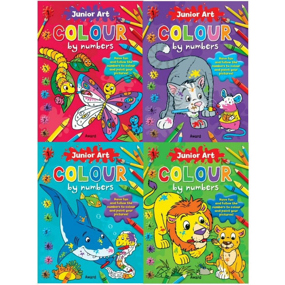 Junior Art Colour By Numbers 4 Books Set Butterfly, Cats, Lion, Shark