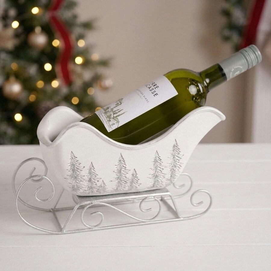 Garden Greatness Resin and Metal Silver Sparkle Sleigh Wine Holder