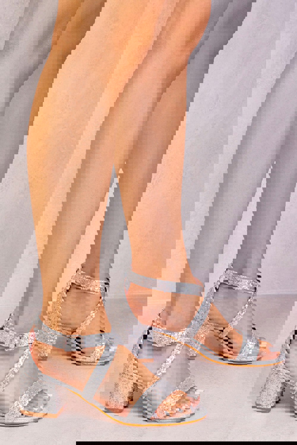 Where's That From Amber Strappy Mid High Block Heels Peep Toe in Silver Glitter