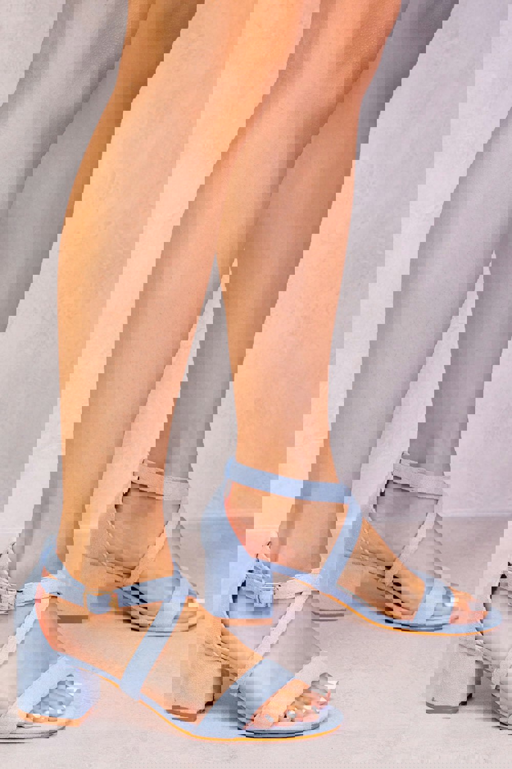 Where's That From Amber Strappy Mid High Block Heels Peep Toe in Sky Blue Suede