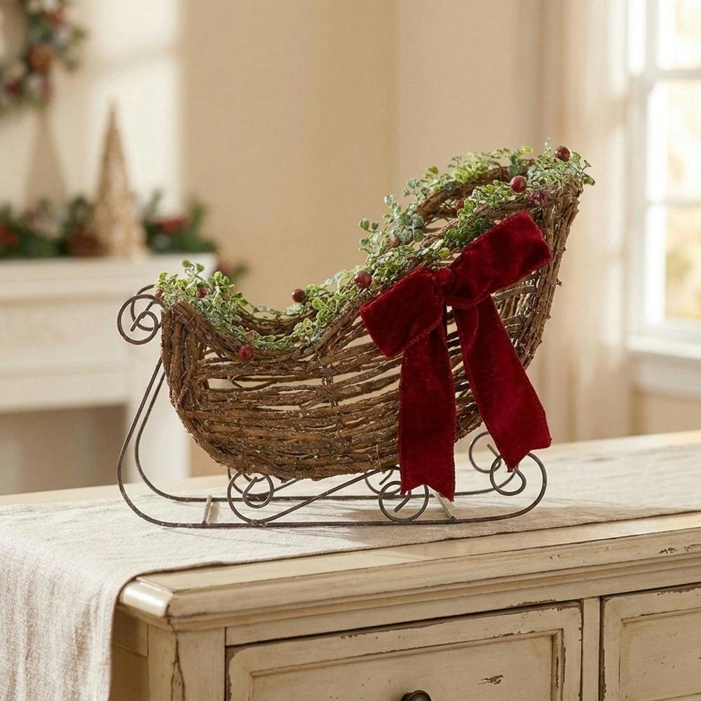 Garden Greatness Decorative Rattan Sleigh with Red Bow