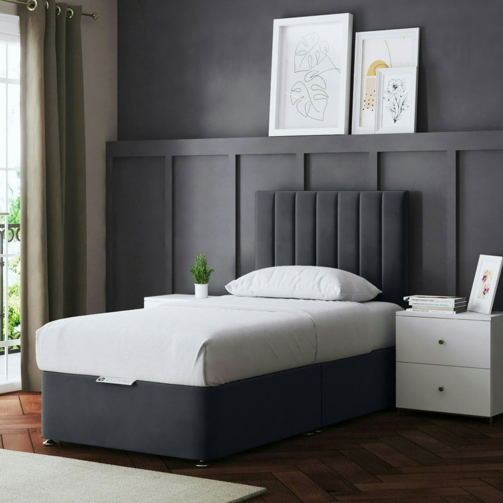 DS Living Amelia Divan Bed with Upholstered Headboard - Grey (Steel) - Small Single