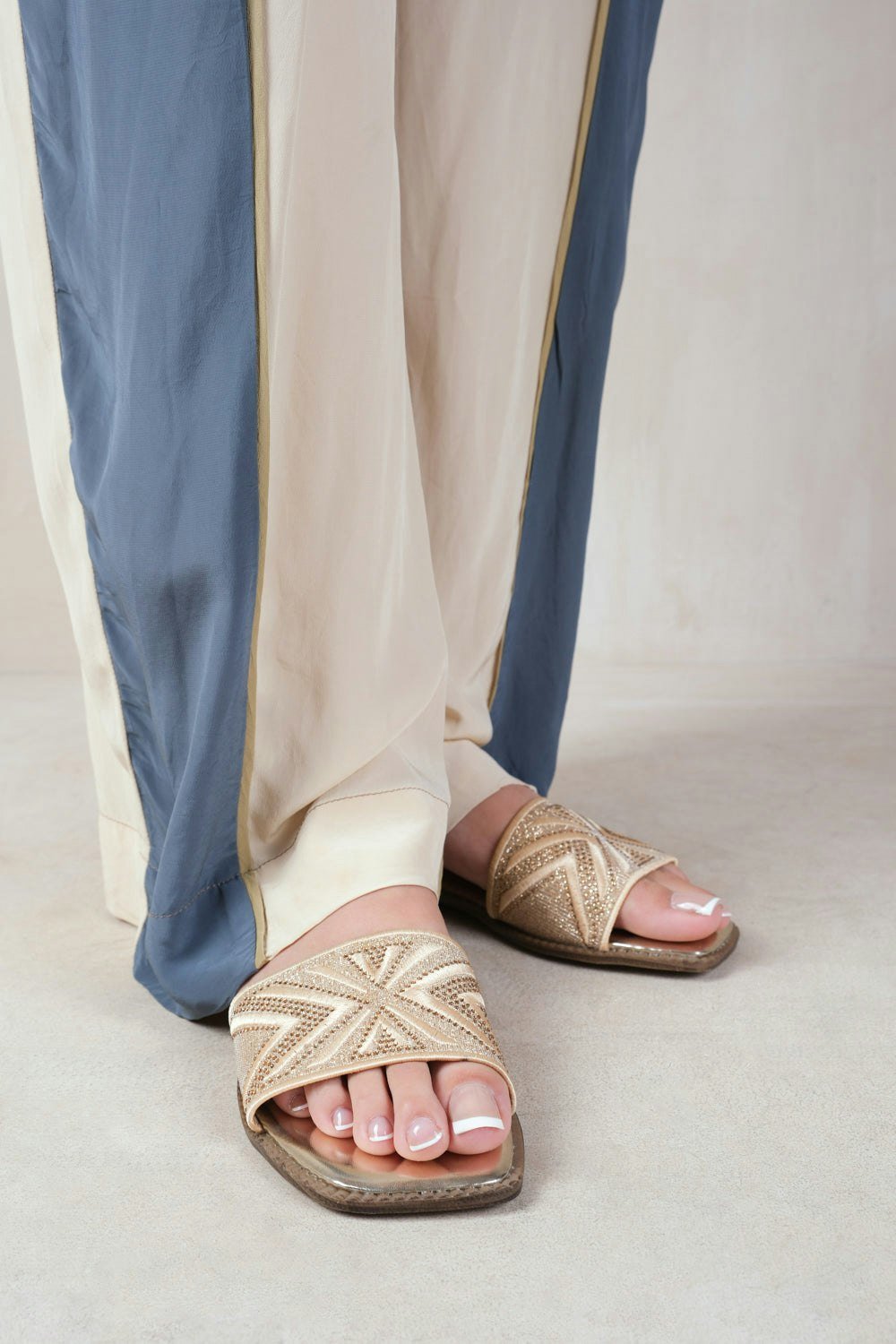 Where's That From Blossom Flat Sandals With Sparkly Textured Single Band in Gold Metallic