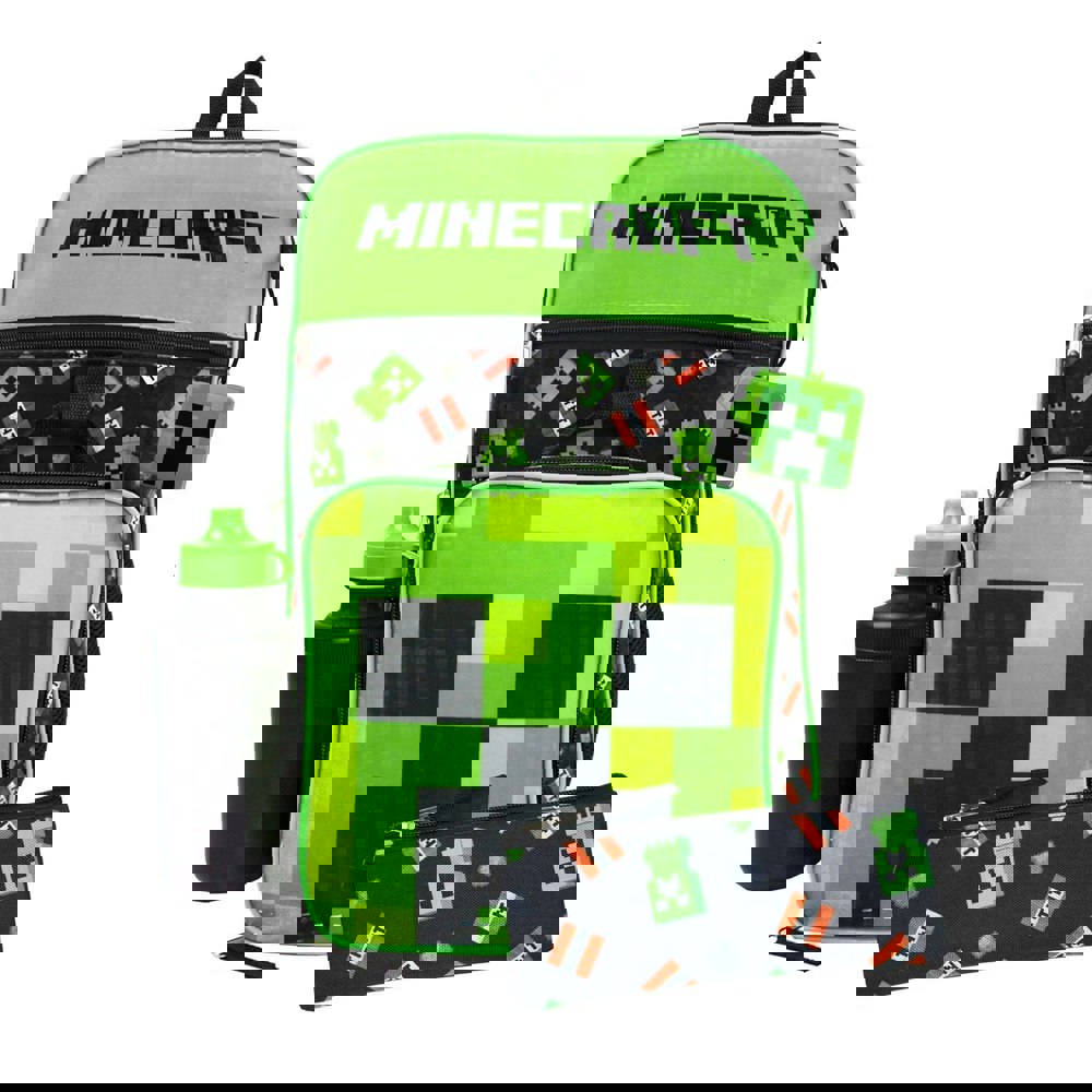 Minecraft TNT Creeper Backpack Set (Pack of 5 items ideal for school) - Black/Green