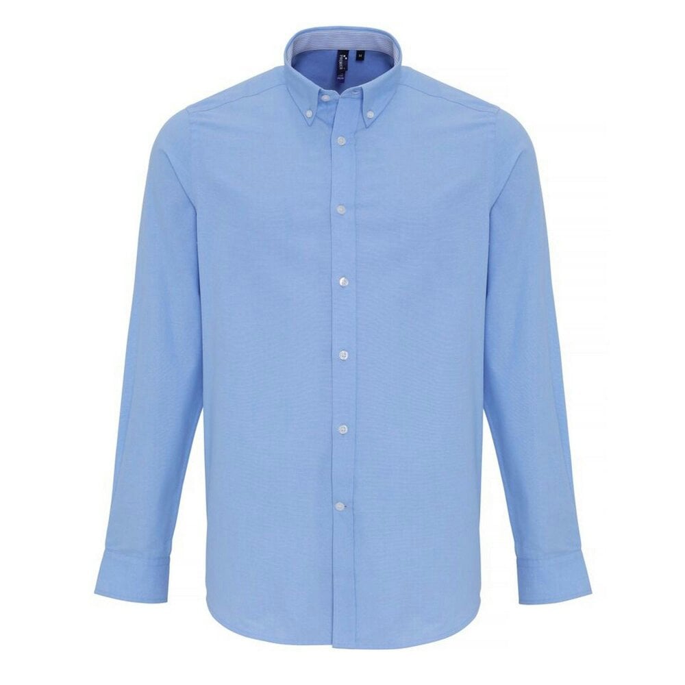 Premier Mens Cotton Rich Oxford Stripe Shirt - Light Blue - Light Blue - 60% Cotton/40% Polyester