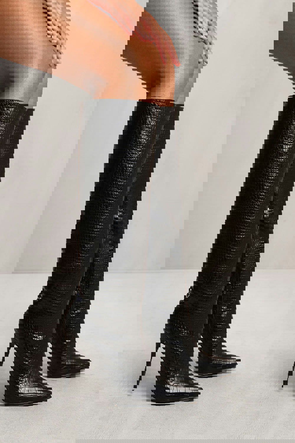 Where's That From Lilah Below Knee High Heel Croc Boot  in Black Faux Leather