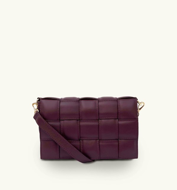 Apatchy London Padded Woven Leather Crossbody Bag with Gold Chain Strap - Burgundy