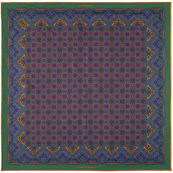 Millefiori silk pocket square in green, blue & orange by Otway & Orford