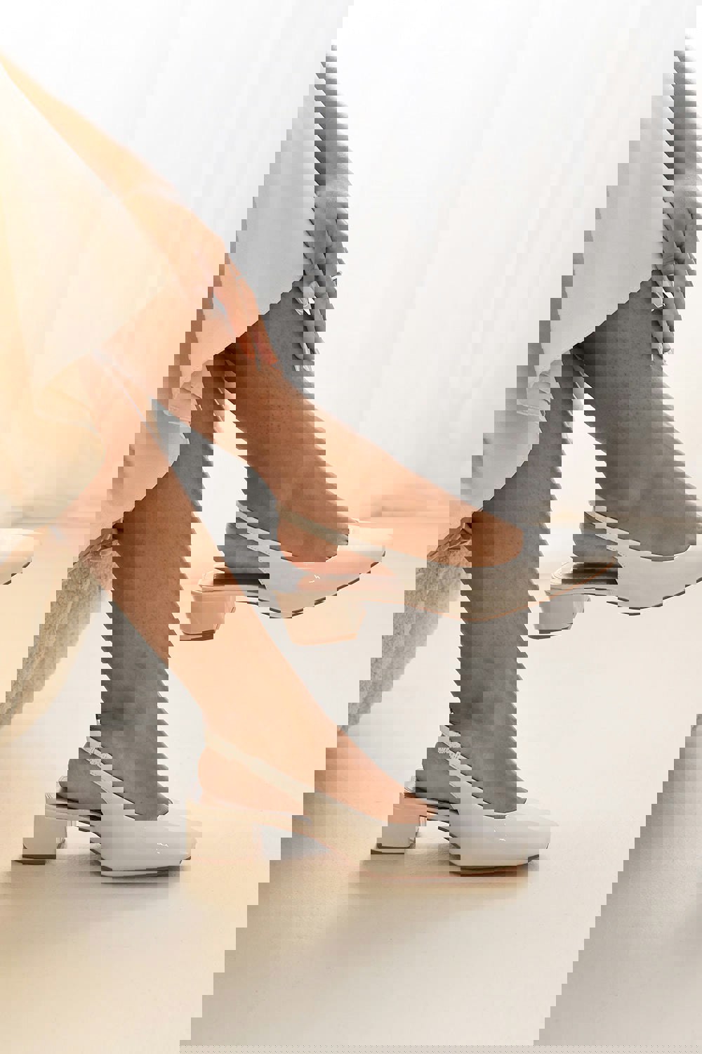 Where's That From Eliana Square Toe Sling Back Low Block Heels in Cream Patent