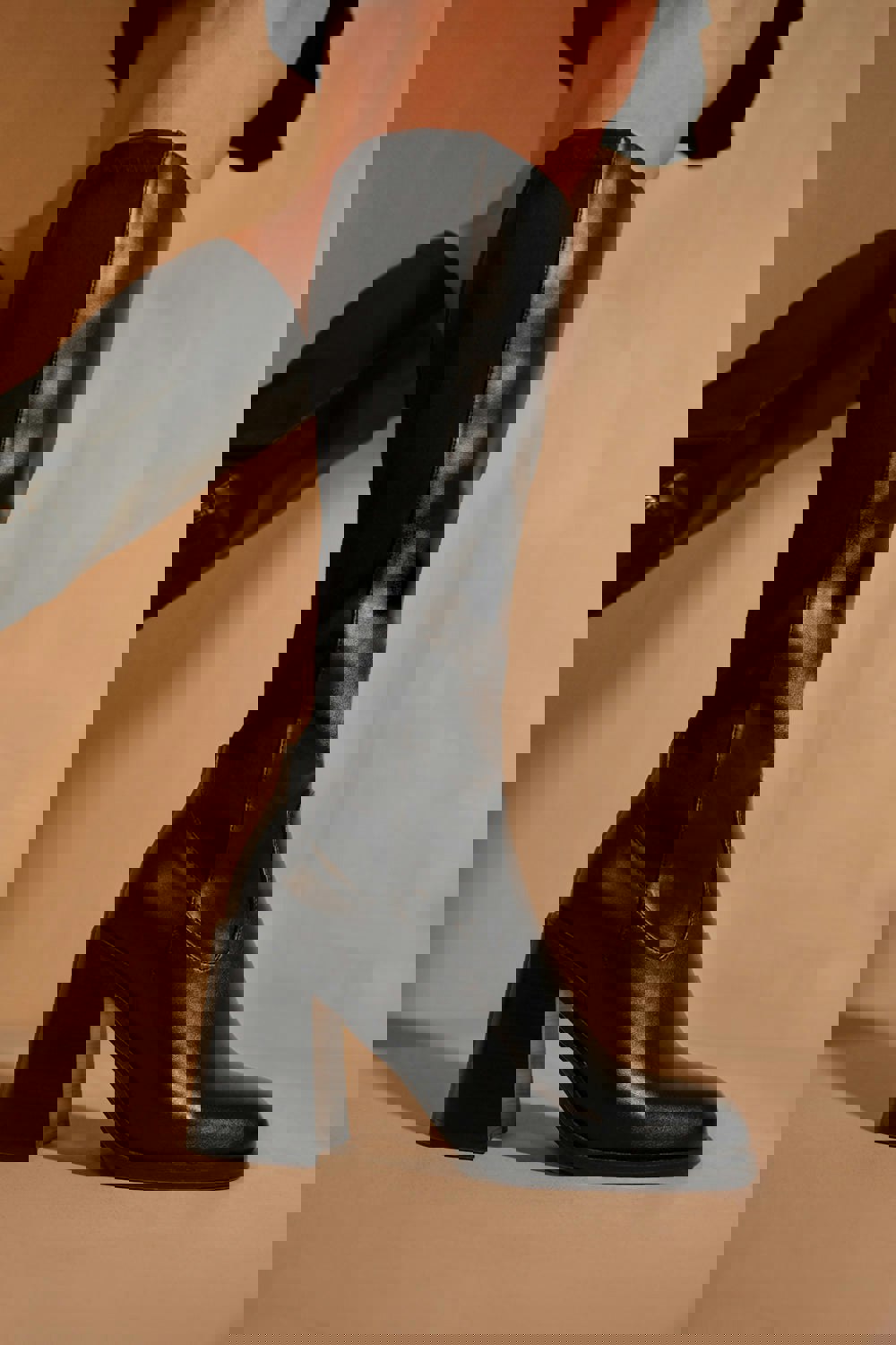 Where's That From Zhuri Mid Block Heel Knee High Boots With Stretch and Side Zip in Black Faux Leather