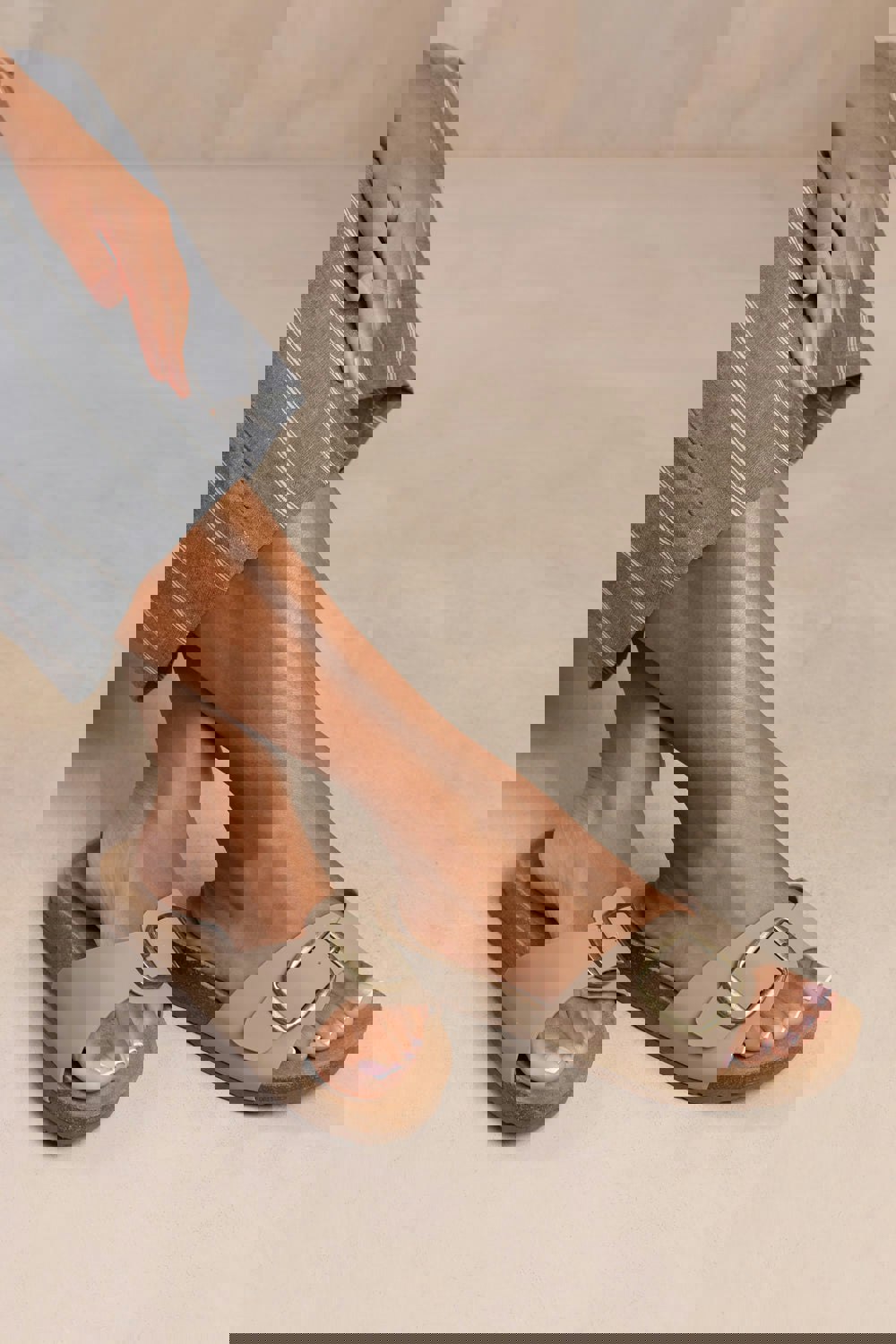 Where's That From Sequoia Flat Single Strap Sandals With Buckle Detail in Camel Nubuck