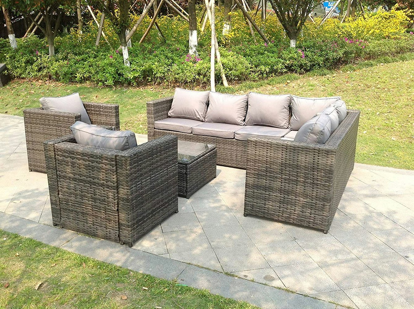 Fimous 8 Seater Grey Rattan Corner Sofa Set Coffee Table 2 Armchairs Garden Furniture Outdoor