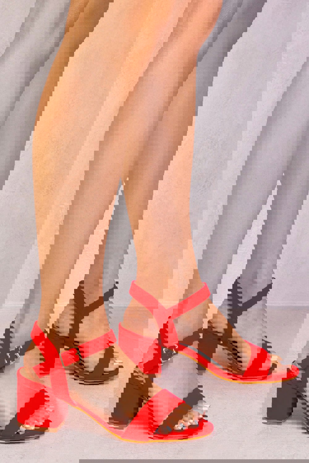 Where's That From Zephyr Strappy Mid High Block Heels Peep Toe in Red Suede